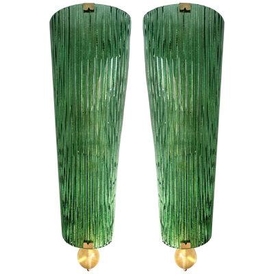 Large Contemporary Pair of Brass and Green Gold Leaf Murano Glass Sconces, Italy