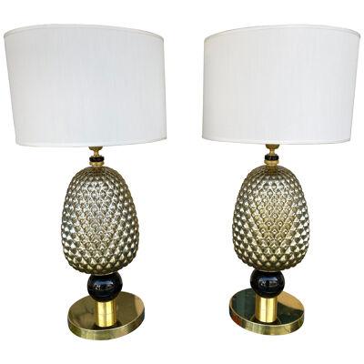 Contemporary Pair of Silver Gold Pineapple Murano Glass and Brass Lamps, Italy