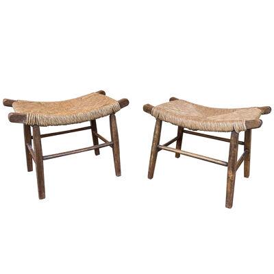 Pair of Taurus Wood and Rope Stools, France, 1950s