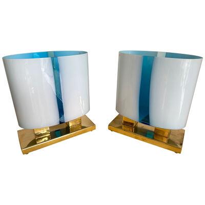 Contemporary Pair of Brass and Blue Murano Glass Lamps, Italy