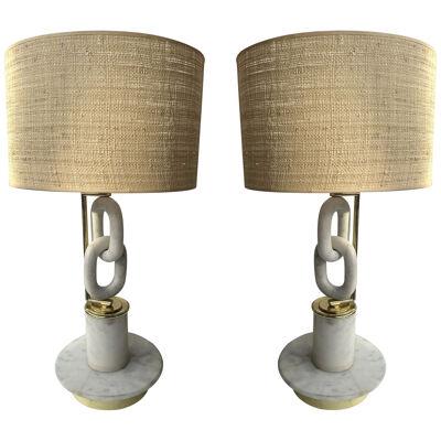 Contemporary Pair of Brass Lamps Marble Chain. Italy