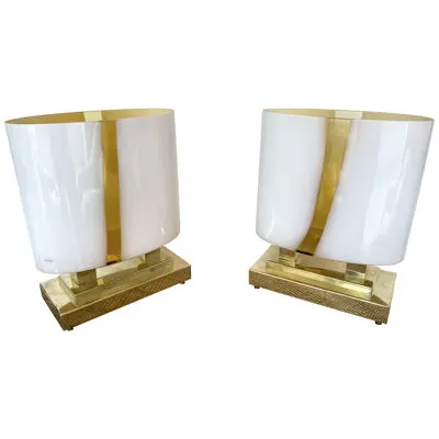 Contemporary Pair of Brass and Yellow Murano Glass Vase Flame Lamps, Italy