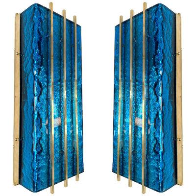 Contemporary Pair of Brass and Blue Murano Glass Sconces, Italy