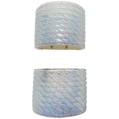 Contemporary Pair of Brass and Blue Opal Murano Glass Sconces, Italy