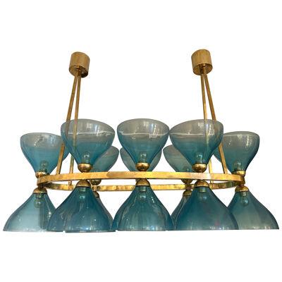 Large Contemporary Brass Chandelier Blue Murano Glass Cup, Italy