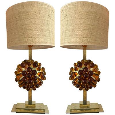 Contemporary Pair of Brass Murano Glass Amber Bubble Lamps, Italy