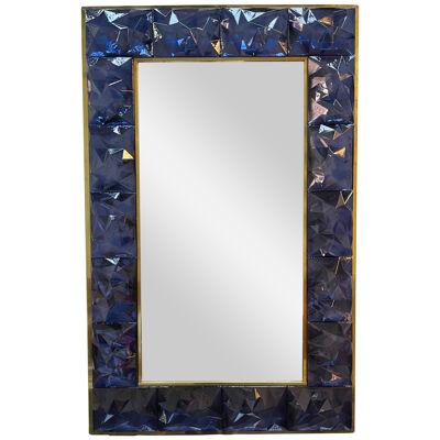 Contemporary Brass Mirror Blue Murano Glass, Italy