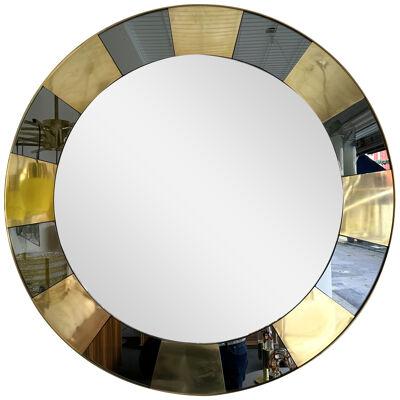 Large Round Contemporary Brass and Smoke Gray Glass Mirror, Italy