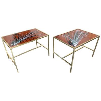 Pair of Brass and Ceramic Side Table. Italy, 1970s