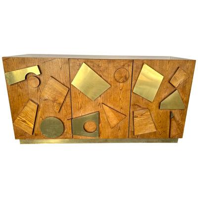 Contemporary Geometrical Wood and Brass Sideboard, Italy