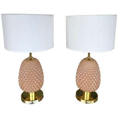 Contemporary Pair of Pink Pineapple Murano Glass and Brass Lamps. Italy