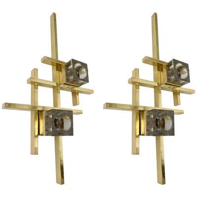Contemporary Brass Murano Glass Cubic Sconces, Italy