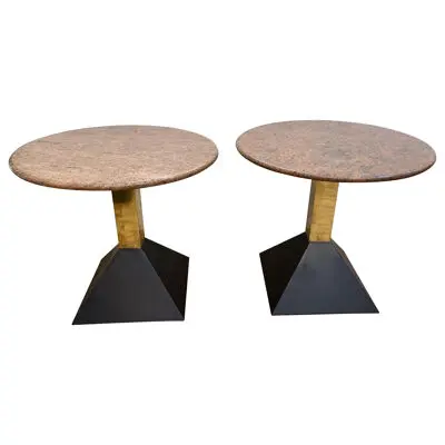 Pair of Red Granite and Brass Side Tables. Italy, 1980s