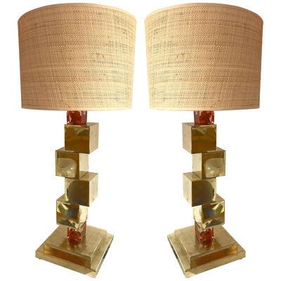 Contemporary Pair of Brass Cube Lamps and Murano Glass, Italy
