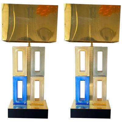 Contemporary Pair of Brass Domino Murano Glass Lamps, Italy