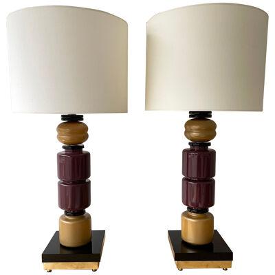 Contemporary Pair of Brass Murano Glass Totem Lamps, Italy