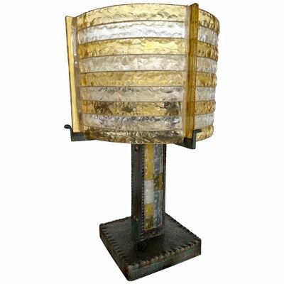 Large Hammered Glass Wrought Iron Lamp by Longobard, Italy, 1970s