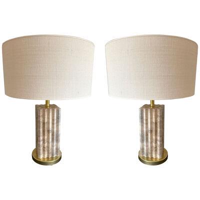 Pair of Travertine and Brass Lamps