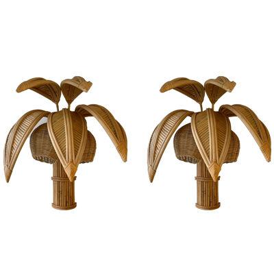 Pair of Rattan Palm Tree Sconces, France, 1980s