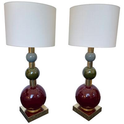 Contemporary Pair of Brass Murano Glass and Ceramic Ball Lamps, Italy