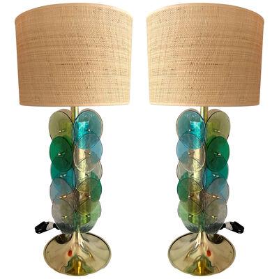 Contemporary Pair of Brass Murano Glass Disc Lagoon Lamps, Italy