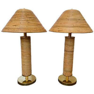 Pair of Rattan and Brass Lamps, Italy