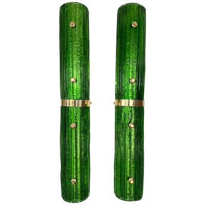 Contemporary Pair of Brass and Green Murano Glass Sconces, Italy