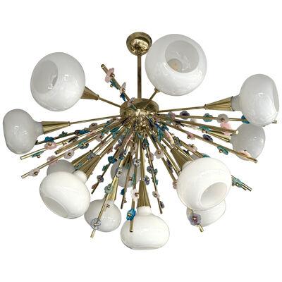 Contemporary Brass Sputnik Chandelier Flowers Murano Glass White Cup, Italy