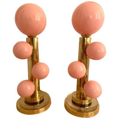 Contemporary Pair of Brass and Murano Glass Bubble Gum Lamps, Italy