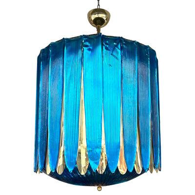 Large Contemporary Balloon Chandelier Brass and Blue Murano Glass, Italy