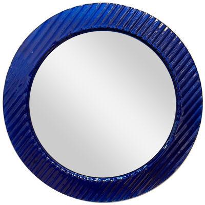 Round Mirror Blue Wave Glass by Falper. Italy, 1980s