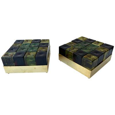 Contemporary Pair of Brass and Murano Glass Cube Marquetry Lamps, Italy