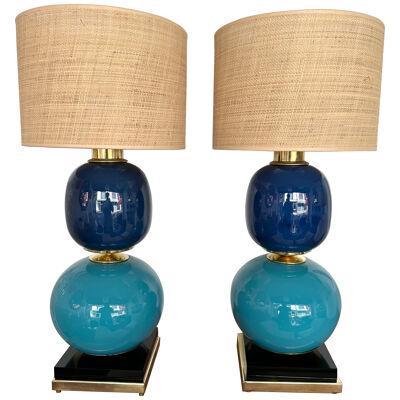Contemporary Pair of Brass Blue Murano Glass Lamps, Italy