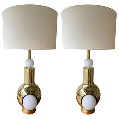 Contemporary Brass Pair of Eyes Ball Lamps. Italy