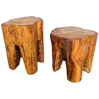 Pair of Massive Walnut Wood Side Tables. France, 1960s