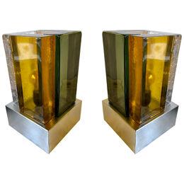 Contemporary Pair of Lamps Cubic Murano Glass and Stainless Steel, Italy