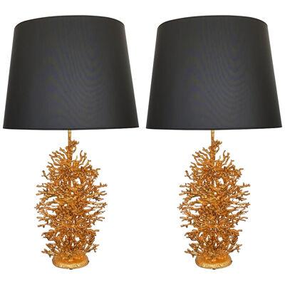 Pair of Gilt Bronze Coral Lamps by Stephane Galerneau. France, 1990s