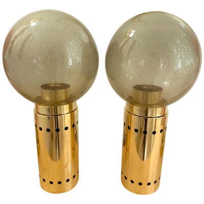 Contemporary Pair of Brass and Gray Murano Glass Globe Lamps, Italy