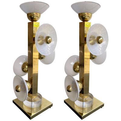Contemporary Pair of Brass and Murano Glass parabolical Lamps, Italy