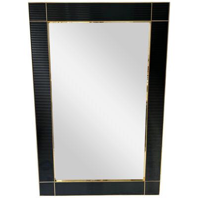 Large Contemporary Brass and Black Fluted Murano Glass Mirror, Italy