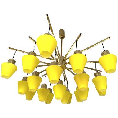 Large Contemporary Brass Chandelier Yellow Murano Glass Cup, Italy