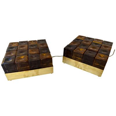 Contemporary Pair of Brass and Murano Glass Cube Marquetry Lamps, Italy