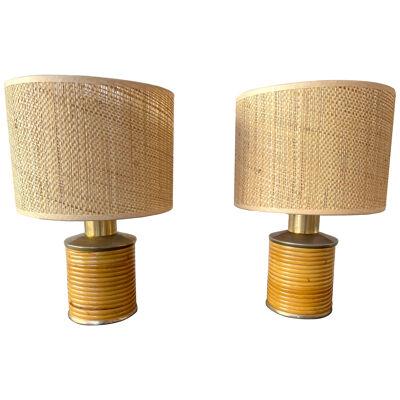 Mid-Century Modern Pair of Rattan and Brass Lamps by Targetti. Italy, 1970s