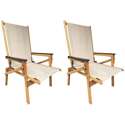 Pair of Wood and Suede Folding Armchairs. Italy, 1950s