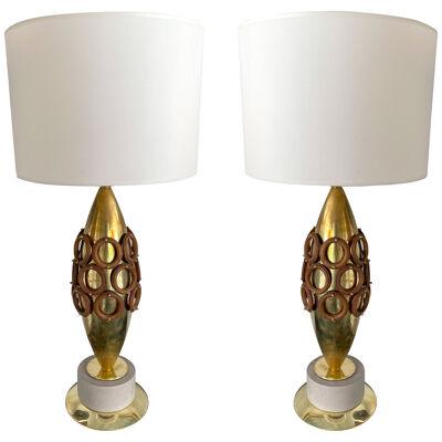 Contemporary Pair of Brass and Wood Rings Lamps, Italy