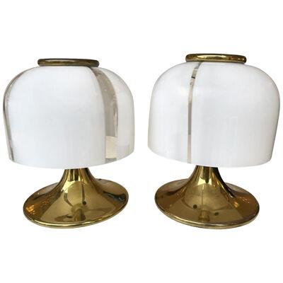 Pair of Small Mushroom Lamps Brass and Murano Glass by F. Fabbian. Italy, 1970s