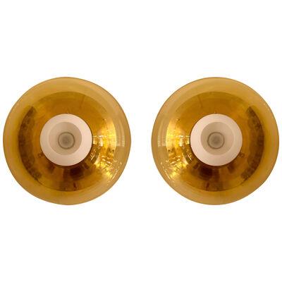 Contemporary Pair of Brass and Yellow Murano Glass UFO Sconces, Italy