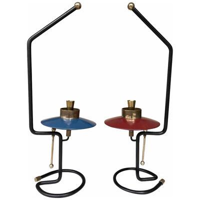 Mid Century Pair of Candle Holders Lacquered metal and Brass. Italy, 1950s