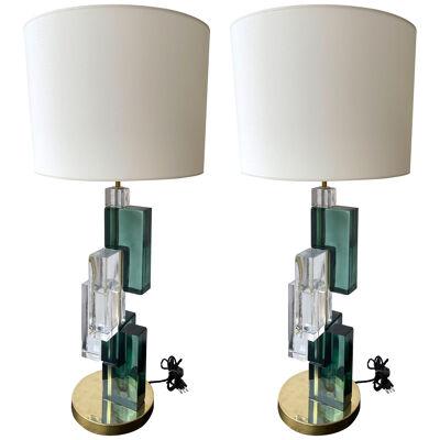 Contemporary Pair of Lamps Green Cubic Murano Glass and Brass, Italy