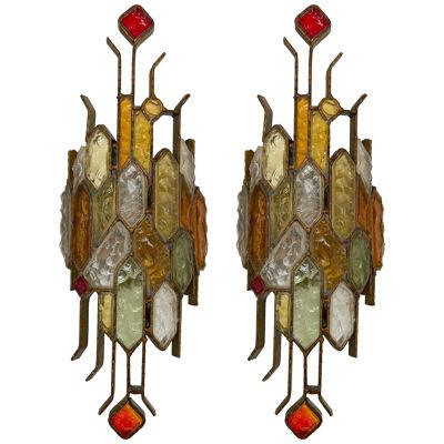 Pair of Hammered Glass Wrought Iron Sconces by Longobard, Italy, 1970s